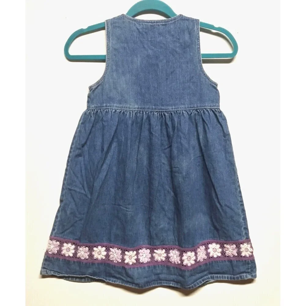 VTG Denim Dress Jumper Girls Sz L crochet floral lace button front fit flare EUC